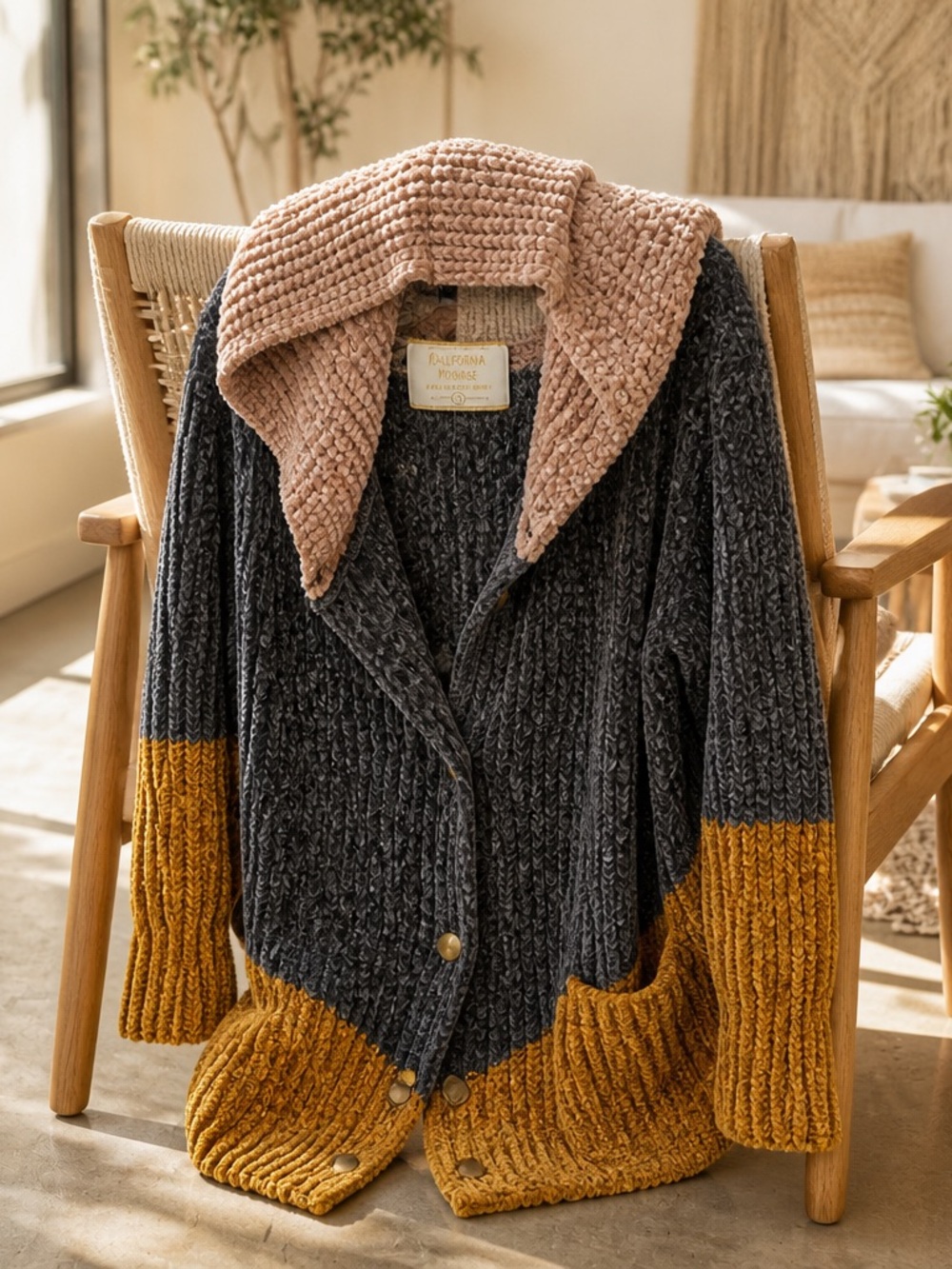 Colorblock Shawl Collar Chenille Cardigan - Charcoal, Mustard & Blush